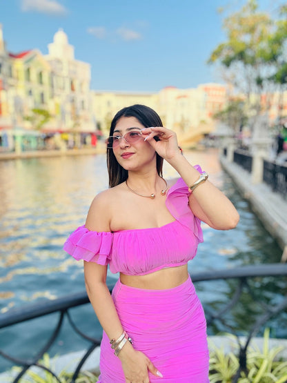 Lilac Pink Ruffle Crop Top & Ruched Mini Skirt Co - ord Set (XS to 5XL) - Vibes and Petals