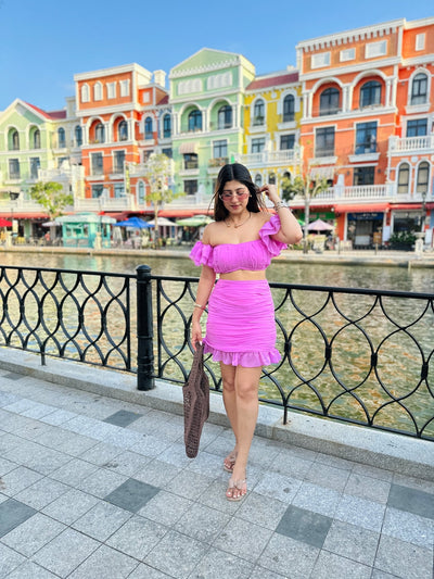 Lilac Pink Ruffle Crop Top & Ruched Mini Skirt Co-ord Set (XS to 5XL)