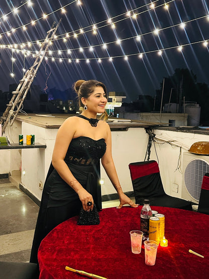 Luxe Black Sequin Bustier & Draped Satin Skirt with Choker Dupatta - Vibes and Petals
