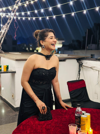 Luxe Black Sequin Bustier & Draped Satin Skirt with Choker Dupatta - Vibes and Petals