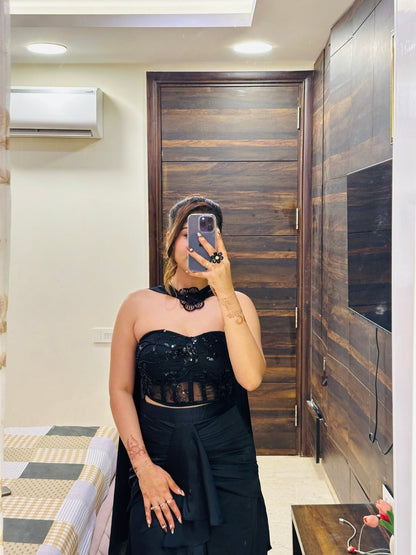 Luxe Black Sequin Bustier & Draped Satin Skirt with Choker Dupatta - Vibes and Petals