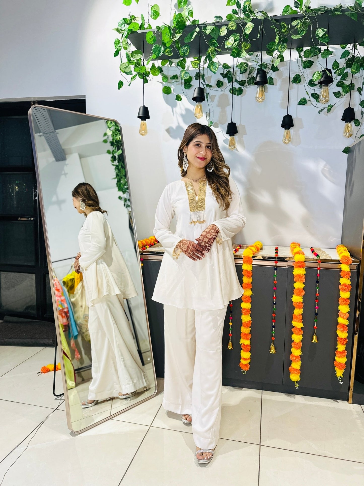 Luxe Pearl White Satin Fusion Set | Gold Sequin Neckline & Wide Leg Pants - Vibes and Petals