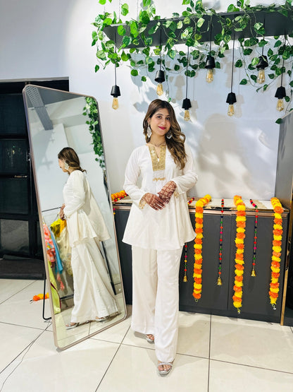Luxe Pearl White Satin Fusion Set | Gold Sequin Neckline & Wide Leg Pants - Vibes and Petals