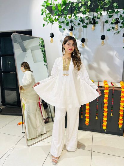 Luxe Pearl White Satin Fusion Set | Gold Sequin Neckline & Wide Leg Pants - Vibes and Petals