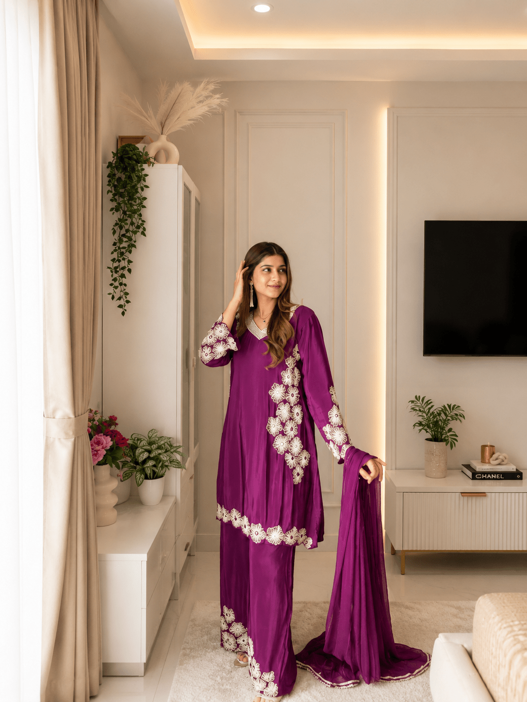Magenta Crepe Floral Embroidered Suit Set - Vibes and Petals