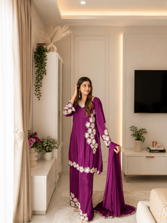 Magenta Crepe Floral Embroidered Suit Set - Vibes and Petals