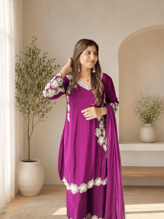 Magenta Crepe Floral Embroidered Suit Set - Vibes and Petals