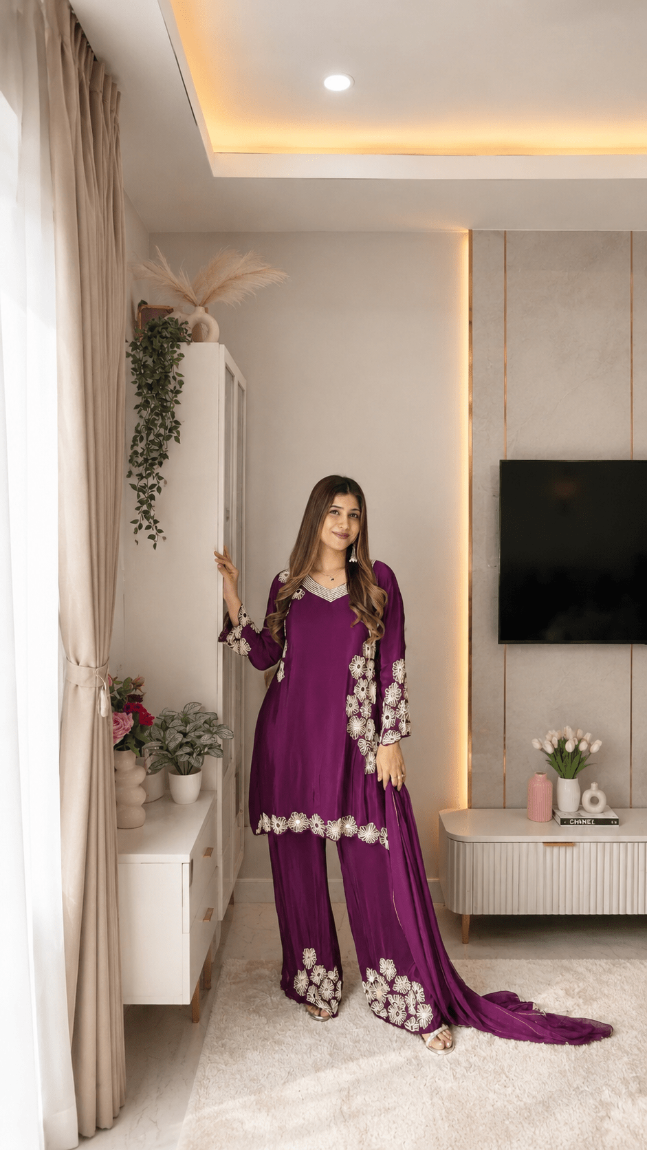 Magenta Crepe Floral Embroidered Suit Set - Vibes and Petals