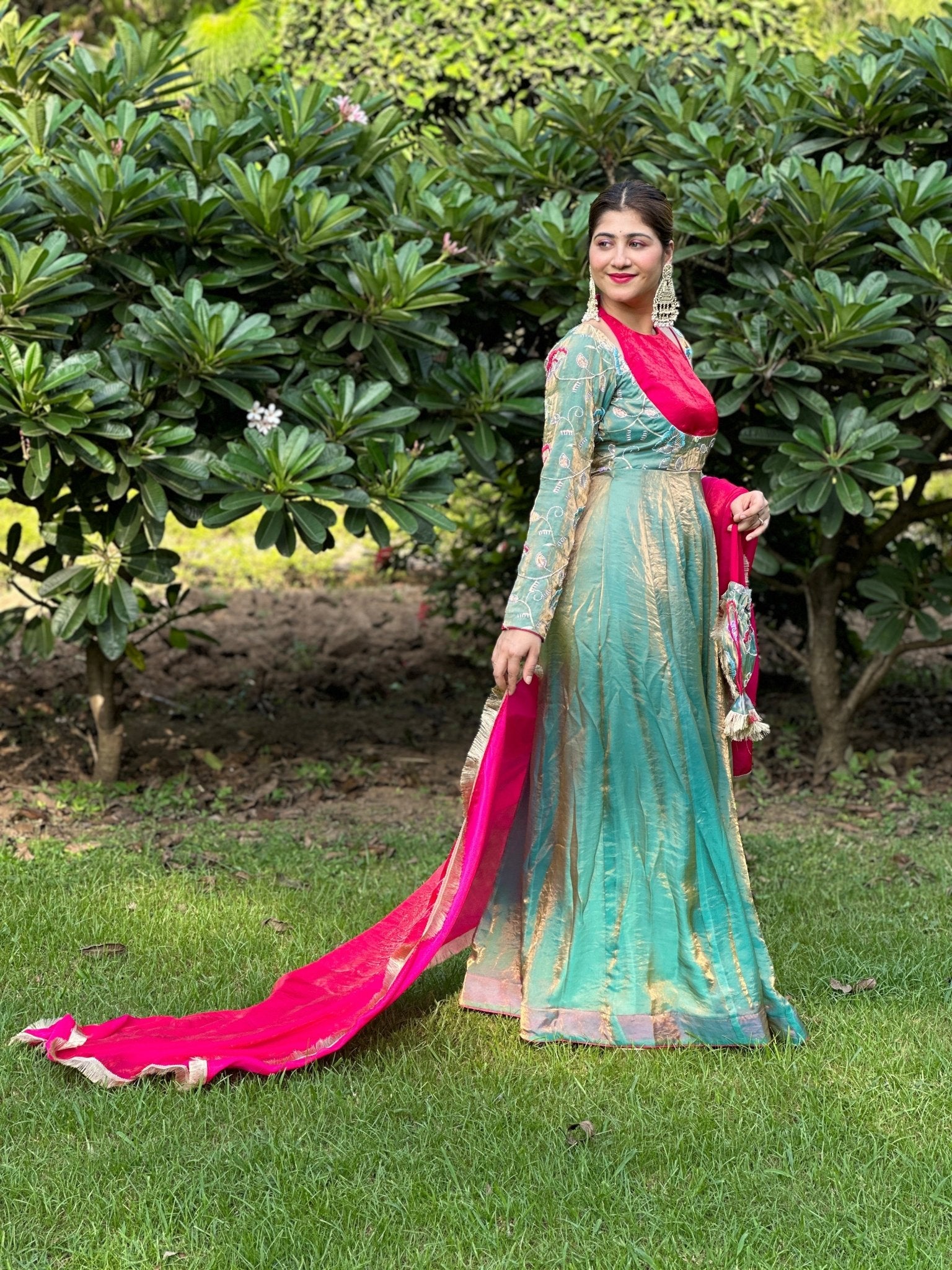 Magenta & Teal Silk Embroidered Anarkali Suit Set with Dupatta | Festive Ethnic Wear for Women - Vibes and Petals