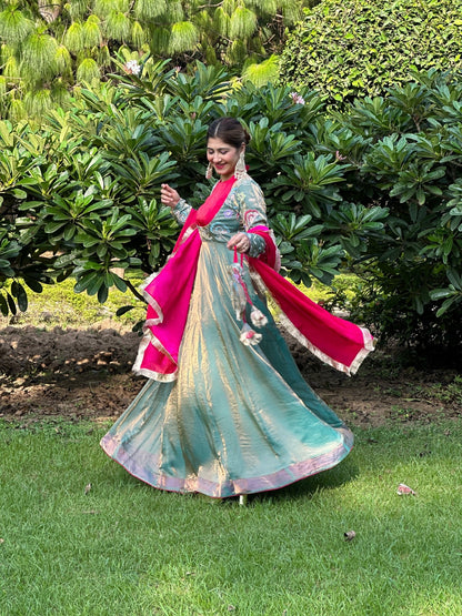 Magenta & Teal Silk Embroidered Anarkali Suit Set with Dupatta | Festive Ethnic Wear for Women - Vibes and Petals