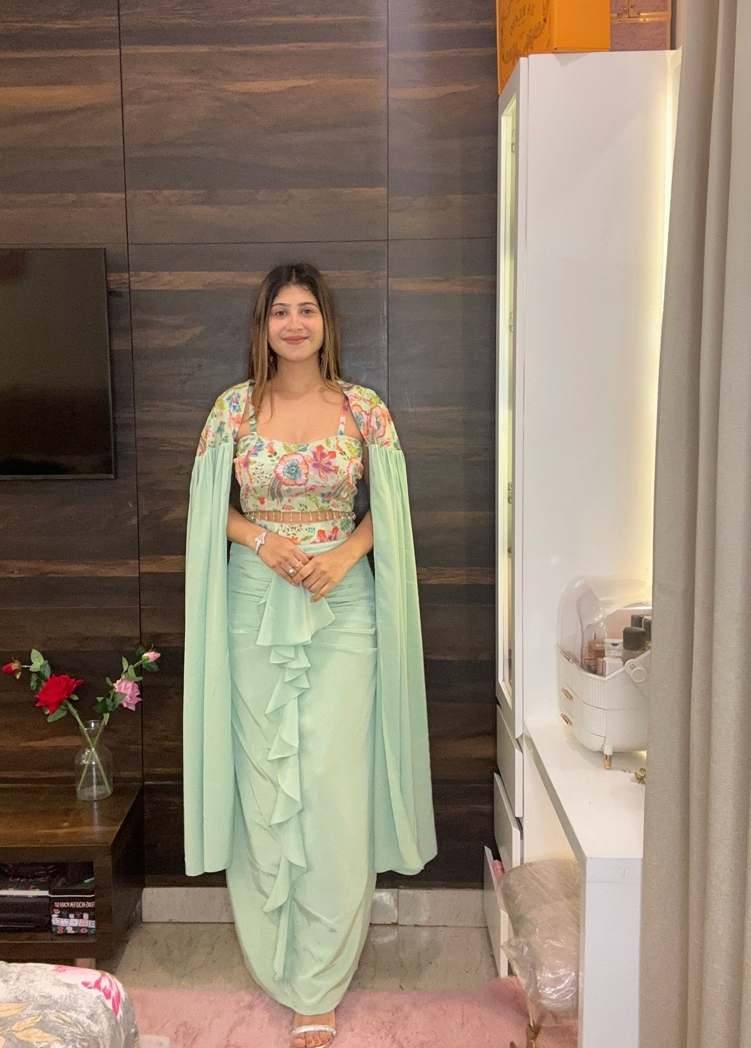 Mint Green Floral Printed Cape Set with Ruffle Skirt – Modern Indo - Western Occasion Wear - Vibes and Petals