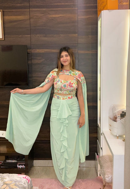 Mint Green Floral Printed Cape Set with Ruffle Skirt – Modern Indo - Western Occasion Wear - Vibes and Petals