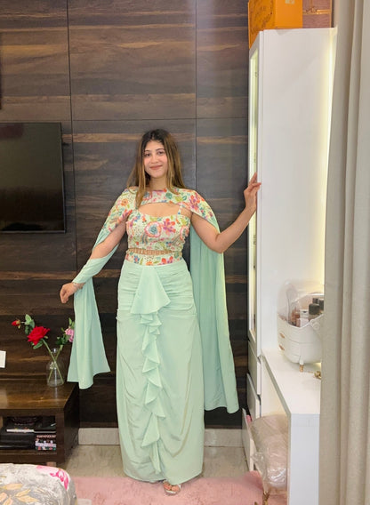 Mint Green Floral Printed Cape Set with Ruffle Skirt – Modern Indo - Western Occasion Wear - Vibes and Petals