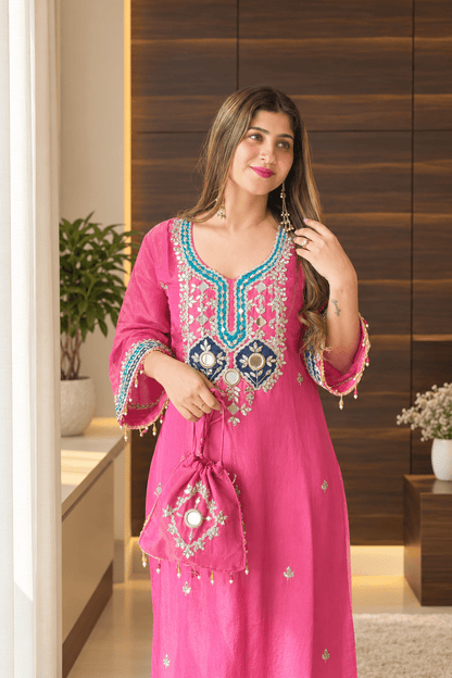 Mirror Work Embroidered Kurta Set with Potli – Ivory & Rani Pink - Vibes and Petals