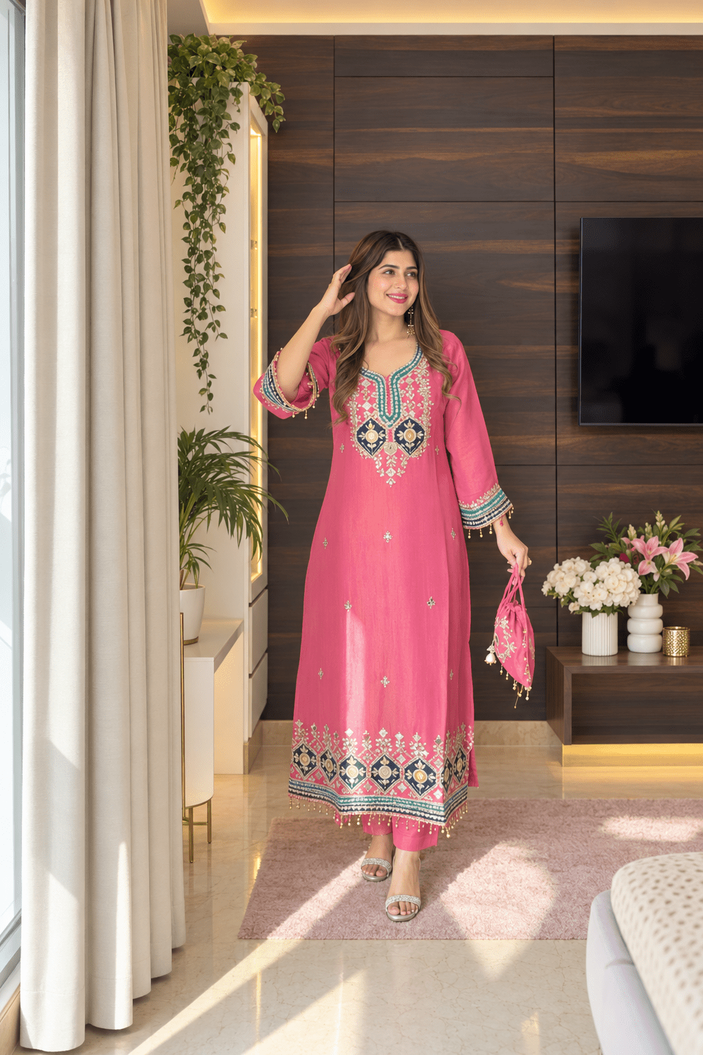 Mirror Work Embroidered Kurta Set with Potli – Ivory & Rani Pink - Vibes and Petals