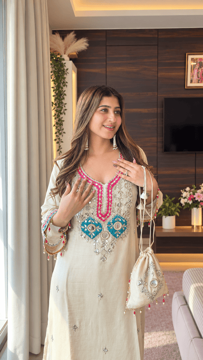 Mirror Work Embroidered Kurta Set with Potli – Ivory & Rani Pink - Vibes and Petals