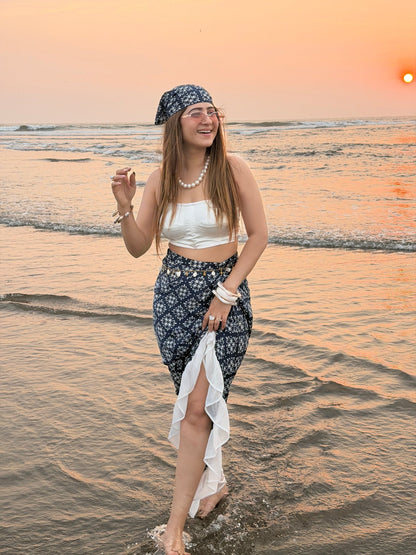 Navy Beach Corset Skirt Set with Scarf - Vibes and Petals