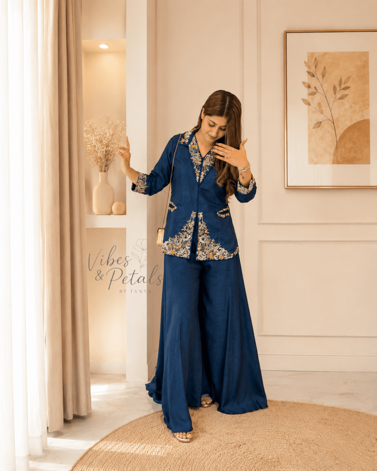 Navy Blue Hand Embroidered Co-ord Set with Wide-Leg Pants - Vibes and Petals