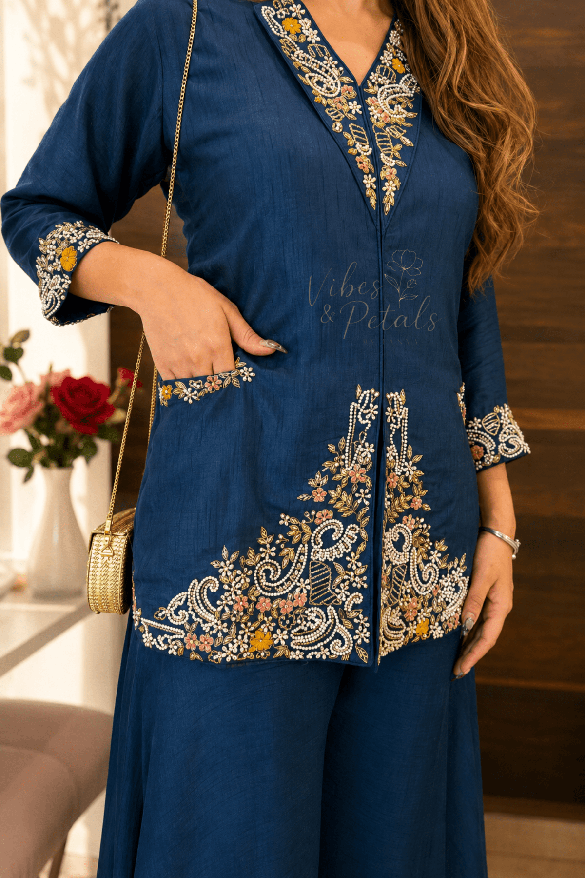 Navy Blue Hand Embroidered Co-ord Set with Wide-Leg Pants - Vibes and Petals