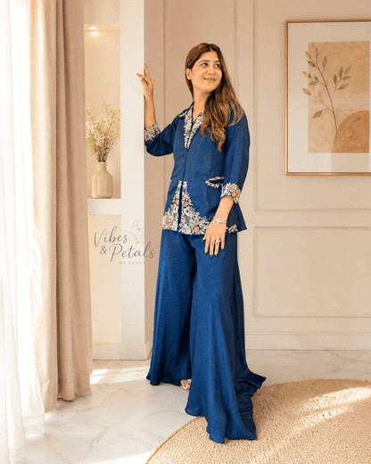Navy Blue Hand Embroidered Co-ord Set with Wide-Leg Pants - Vibes and Petals