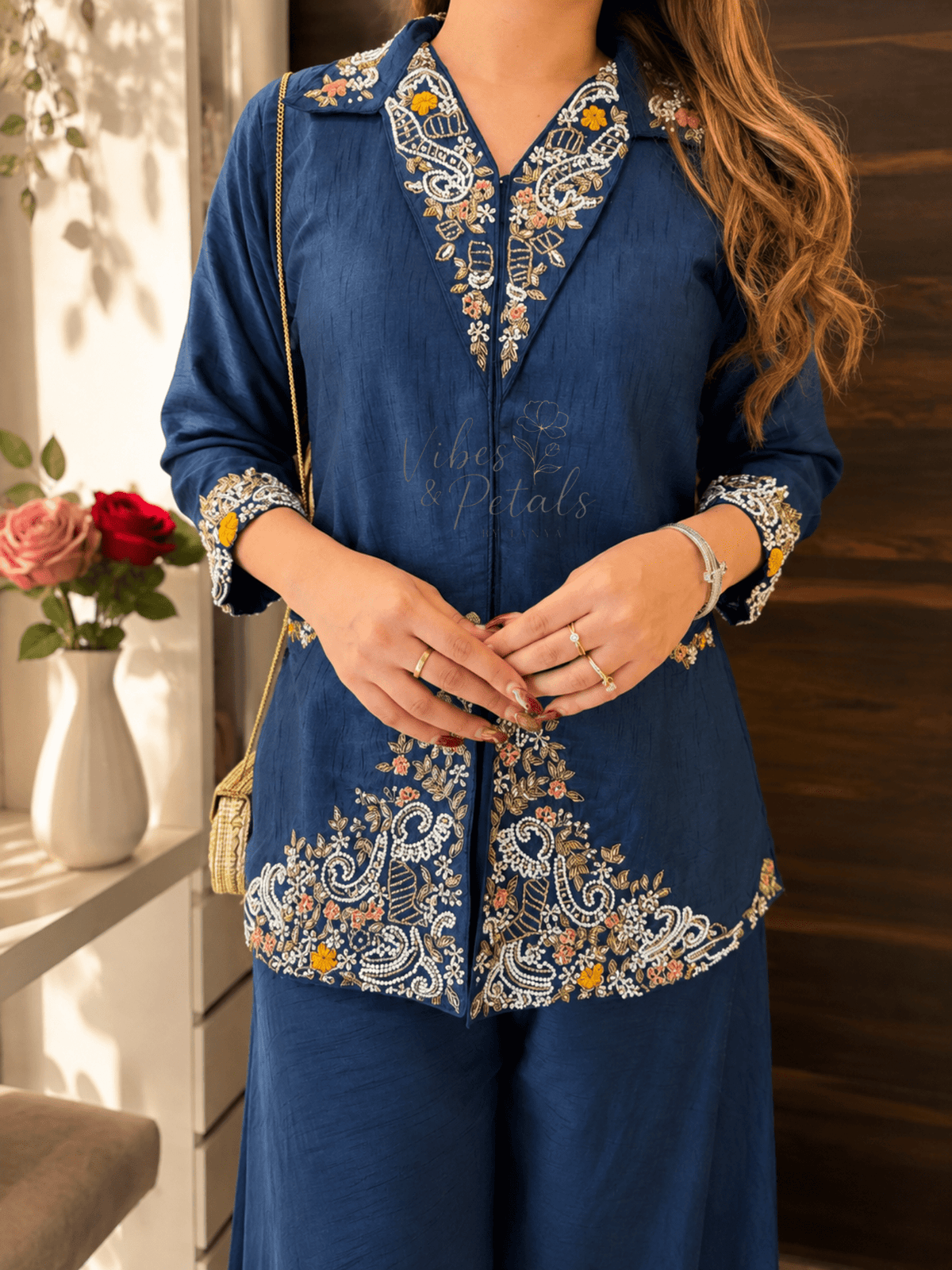 Navy Blue Hand Embroidered Co-ord Set with Wide-Leg Pants - Vibes and Petals