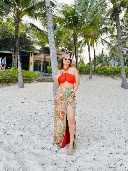 Neon Orange Paisley 3 - Piece Resort Set with Headscarf - Vibes and Petals