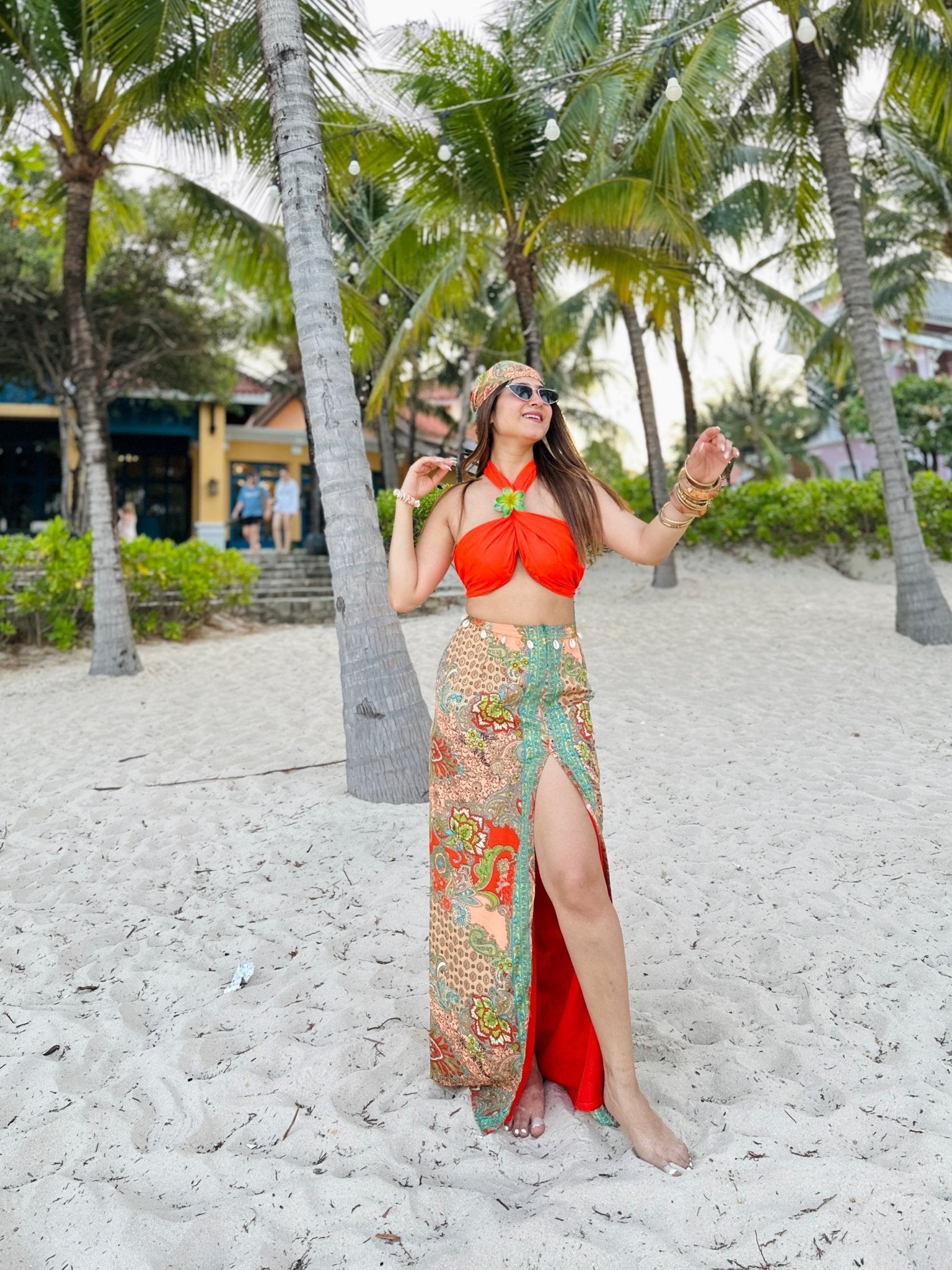Neon Orange Paisley 3 - Piece Resort Set with Headscarf - Vibes and Petals