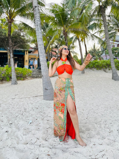 Neon Orange Paisley 3 - Piece Resort Set with Headscarf - Vibes and Petals