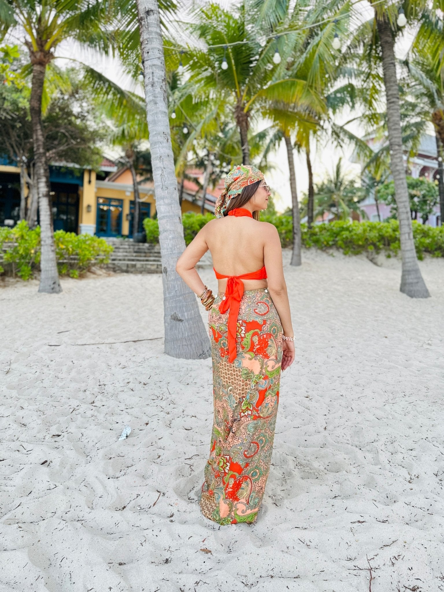 Neon Orange Paisley 3 - Piece Resort Set with Headscarf - Vibes and Petals