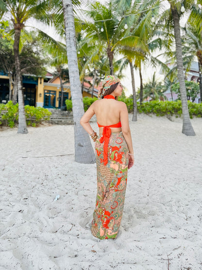 Neon Orange Paisley 3 - Piece Resort Set with Headscarf - Vibes and Petals