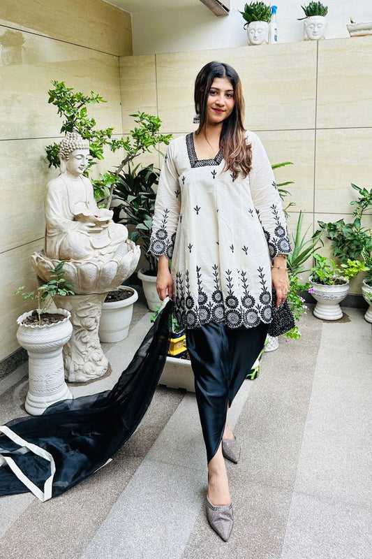 Noor - E - Nazaakat Black & White Embroidered Cotton Kurti Set - Vibes and Petals