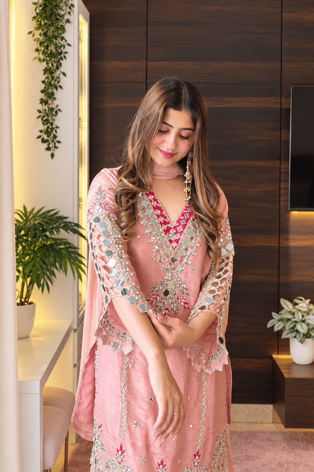 Peach Mirror Work Farshi Salwar Suit Set - Vibes and Petals