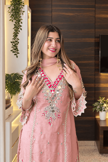 Peach Mirror Work Farshi Salwar Suit Set - Vibes and Petals