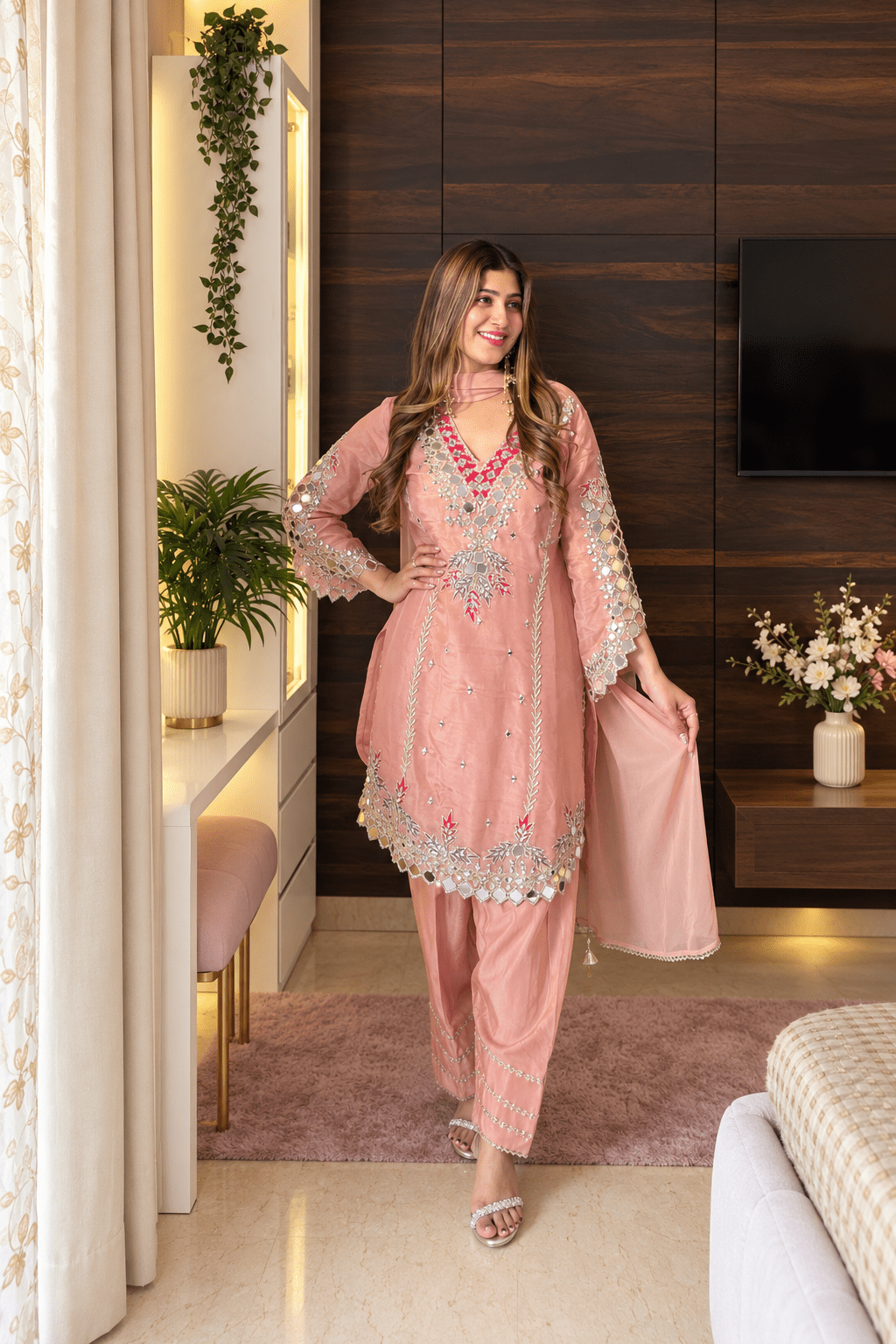 Peach Mirror Work Farshi Salwar Suit Set - Vibes and Petals