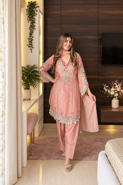 Peach Mirror Work Farshi Salwar Suit Set - Vibes and Petals