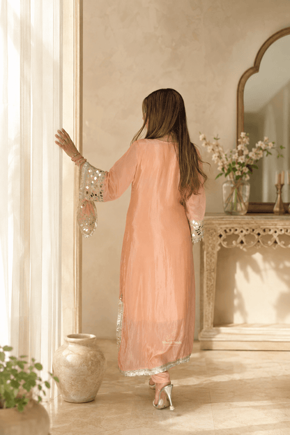 Peach Mirror Work Kaftan Set with Pants & Matching Potli - Vibes and Petals