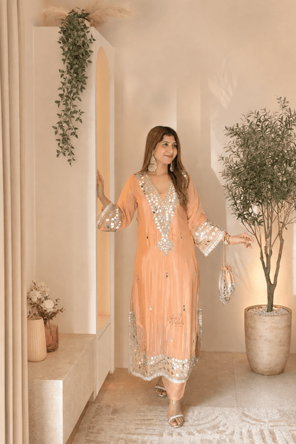 Peach Mirror Work Kaftan Set with Pants & Matching Potli - Vibes and Petals