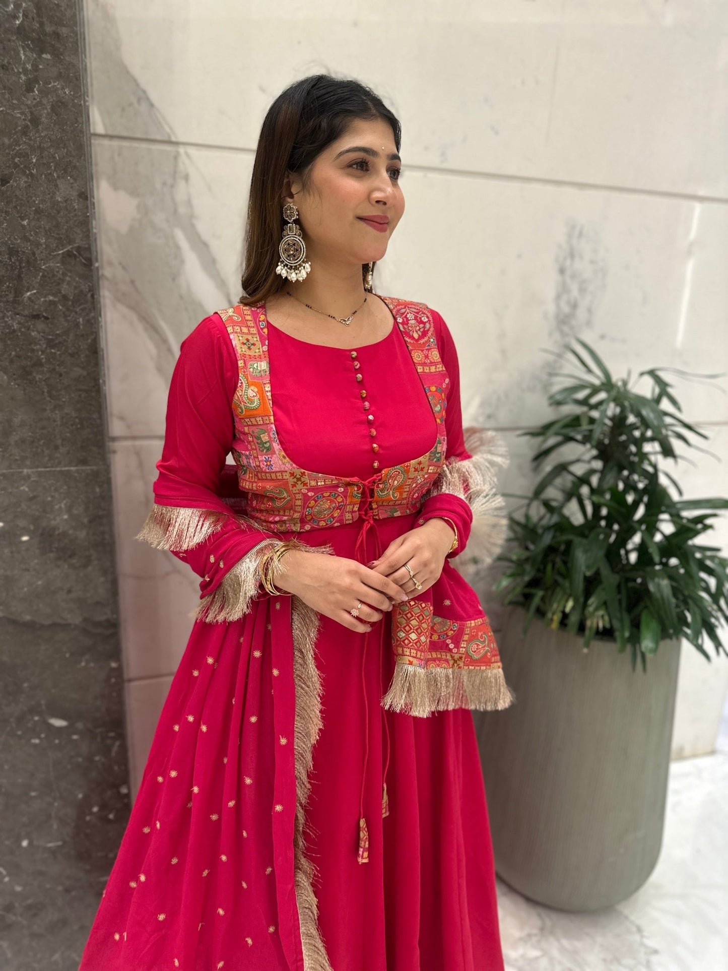 Pink Anarkali Set with Ethnic Print Waistcoat - Vibes and Petals