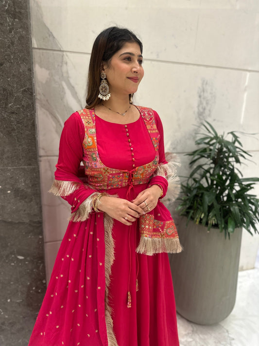 Pink Anarkali Set with Ethnic Print Waistcoat - Vibes and Petals