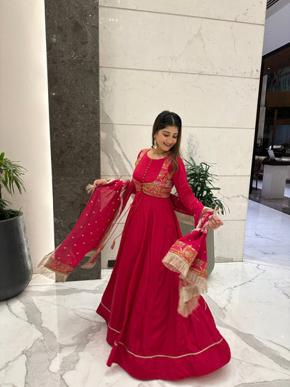 Pink Anarkali Set with Ethnic Print Waistcoat - Vibes and Petals