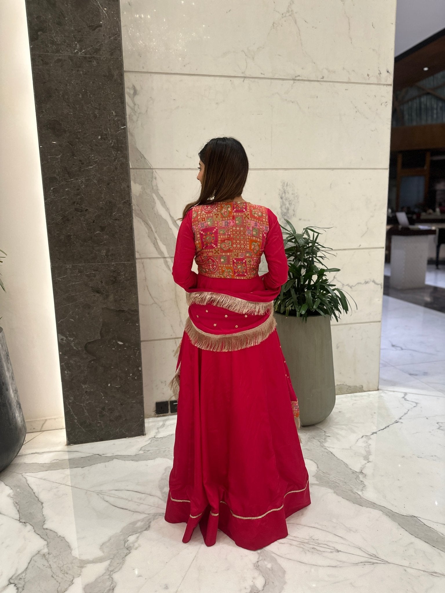 Pink Anarkali Set with Ethnic Print Waistcoat - Vibes and Petals