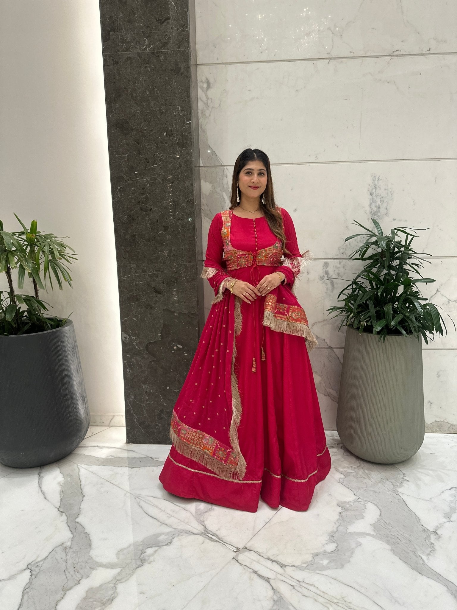 Pink Anarkali Set with Ethnic Print Waistcoat - Vibes and Petals