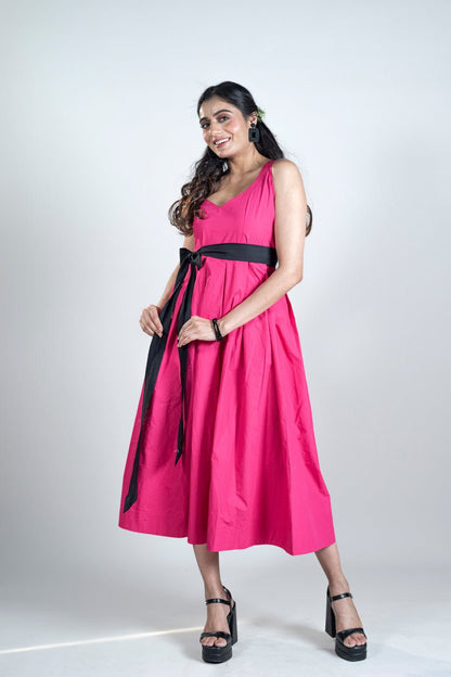 Pink Breeze Midi With Black Belt - Vibes and Petals
