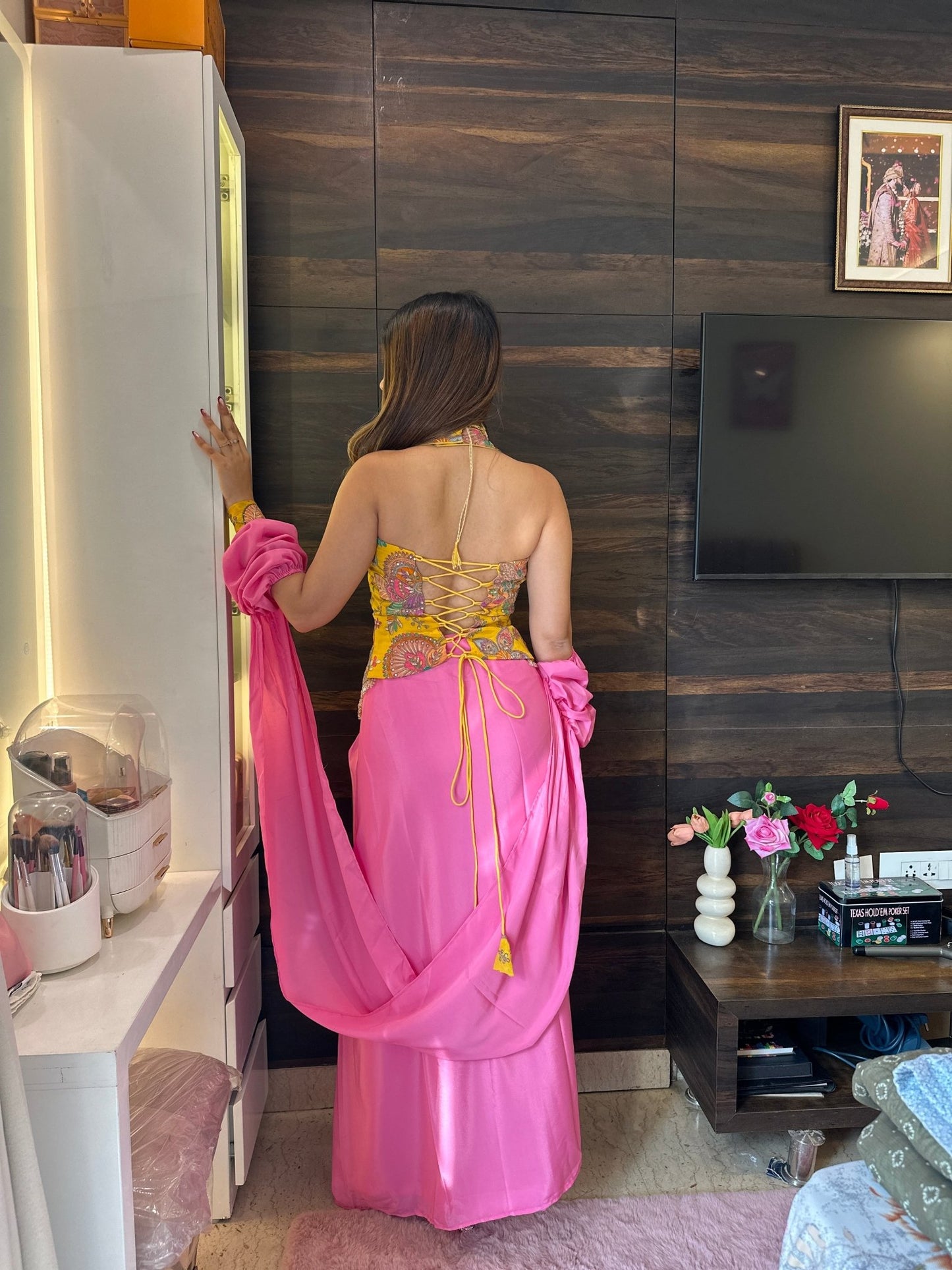 Pink Draped Skirt Indo - Western Set with Yellow Printed Blouse – Budget Friendly Bridesmaid - Vibes and Petals