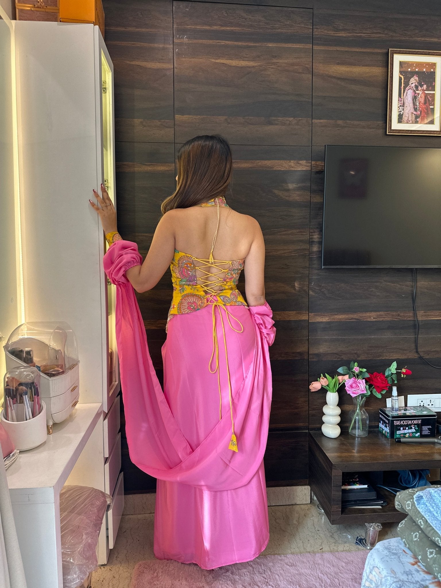 Pink Draped Skirt Indo - Western Set with Yellow Printed Blouse – Budget Friendly Bridesmaid - Vibes and Petals