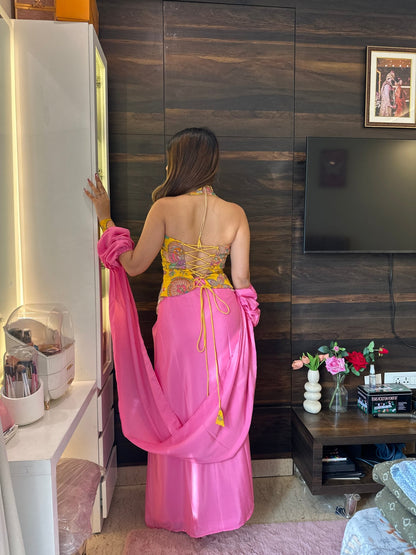 Pink Draped Skirt Indo - Western Set with Yellow Printed Blouse – Budget Friendly Bridesmaid - Vibes and Petals
