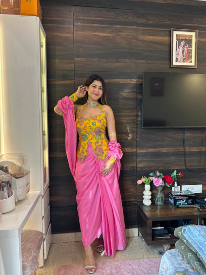 Pink Draped Skirt Indo - Western Set with Yellow Printed Blouse – Budget Friendly Bridesmaid - Vibes and Petals