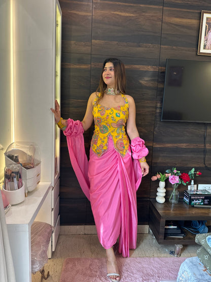 Pink Draped Skirt Indo - Western Set with Yellow Printed Blouse – Budget Friendly Bridesmaid - Vibes and Petals