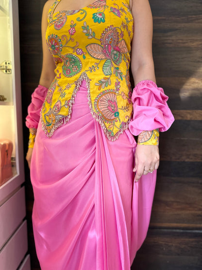 Pink Draped Skirt Indo - Western Set with Yellow Printed Blouse – Budget Friendly Bridesmaid - Vibes and Petals