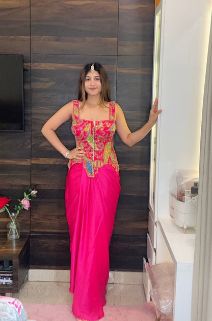 Pink Embroidered Corset Top with Draped Skirt | Contemporary Indian Fusion Wear - Vibes and Petals